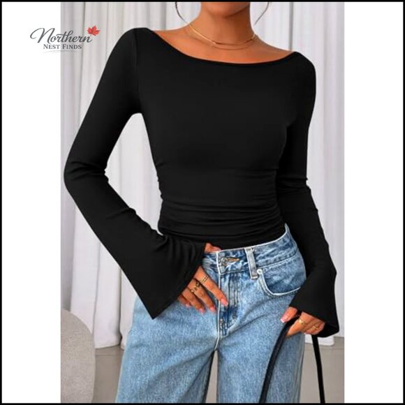 Long Sleeve Crop Top Boat Neck Bell Sleeve Ribbed Ruched Y2K Blouse - Picture 2 of 7